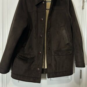 L.L. Bean Brown Sherpa Lined Jacket Size M Faux Suede Button Up Fleece Coat